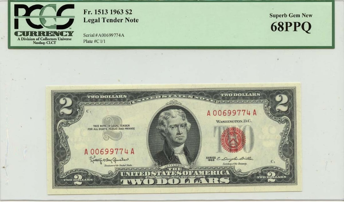 1963 $2 Legal Tender Note FR#1513 PCGS MS68 Uncirculated: 1963 $2 Legal Tender Note FR#1513 PCGS MS68 Uncirculated This 1963 $2 Legal Tender Note, designated as FR#1513, is certified by PCGS with a grade of Superb MS68 PPQ. This particular note is uncirculat