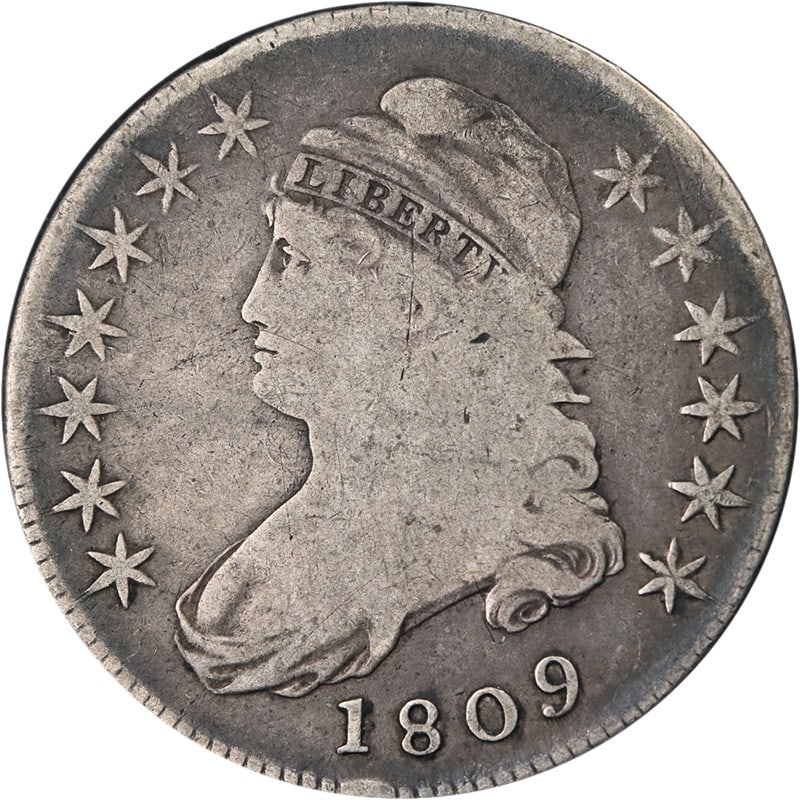 1809 Silver Capped Bust Half Dollar O-110 R4 XXX Edge VG United States: 1809 Silver Capped Bust Half Dollar O-110 R4 XXX Edge VG United States This original 1809 Capped Bust Half Dollar features the XXX edge design and displays nice eye appeal with attractive color and su