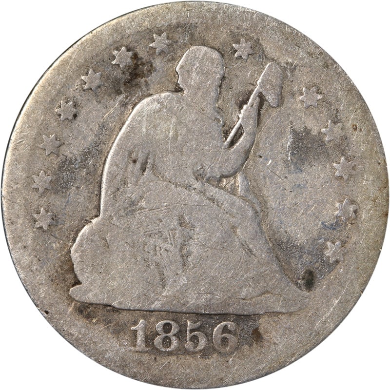 Silver 1856-O Quarter from New Orleans Mint Circulated: Silver 1856-O Quarter from New Orleans Mint Circulated This is an 1856-O Seated Liberty Quarter struck at the New Orleans Mint. The coin is composed of silver and is in circulated, pre-owned condition