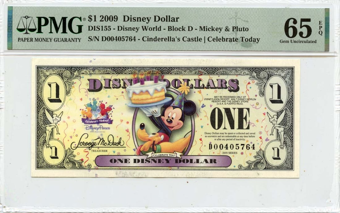PMG Gem65 EPQ 2009 Disney $1 Note Mickey Pluto Cinderella's Castle: PMG Gem65 EPQ 2009 Disney $1 Note Mickey Pluto Cinderella's Castle This 2009 $1 Disney collectible note features Mickey, Pluto, and Cinderella's Castle. Certified by PMG with a grade of Gem65 EPQ, it