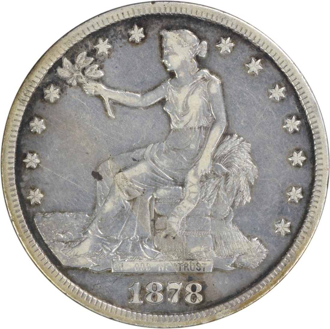 1878-S Trade Dollar VF by William Barber 90% Silver Coin: 1878-S Trade Dollar VF by William Barber 90% Silver Coin This 1878-S Trade Dollar is a notable collectible coin, featuring a composition of 90% silver and 10% copper. Struck at the San Francisco mint,