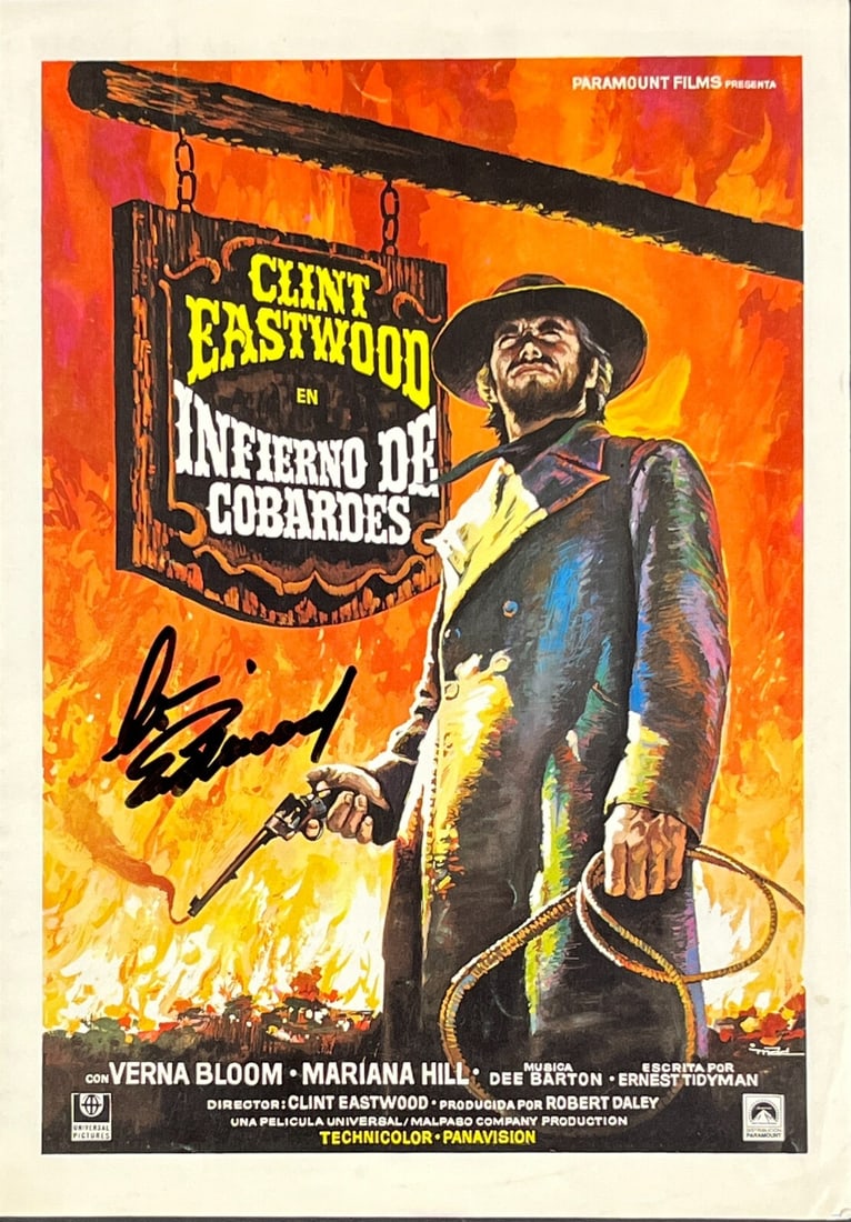 Clint Eastwood Signed Infierno De Cobardes 1973 Movie Poster Beckett Authenticated: Clint Eastwood Signed Infierno De Cobardes 1973 Movie Poster Beckett Authenticated This rare original movie poster for "Infierno De Cobardes" (High Plains Drifter) is a remarkable collectible for film