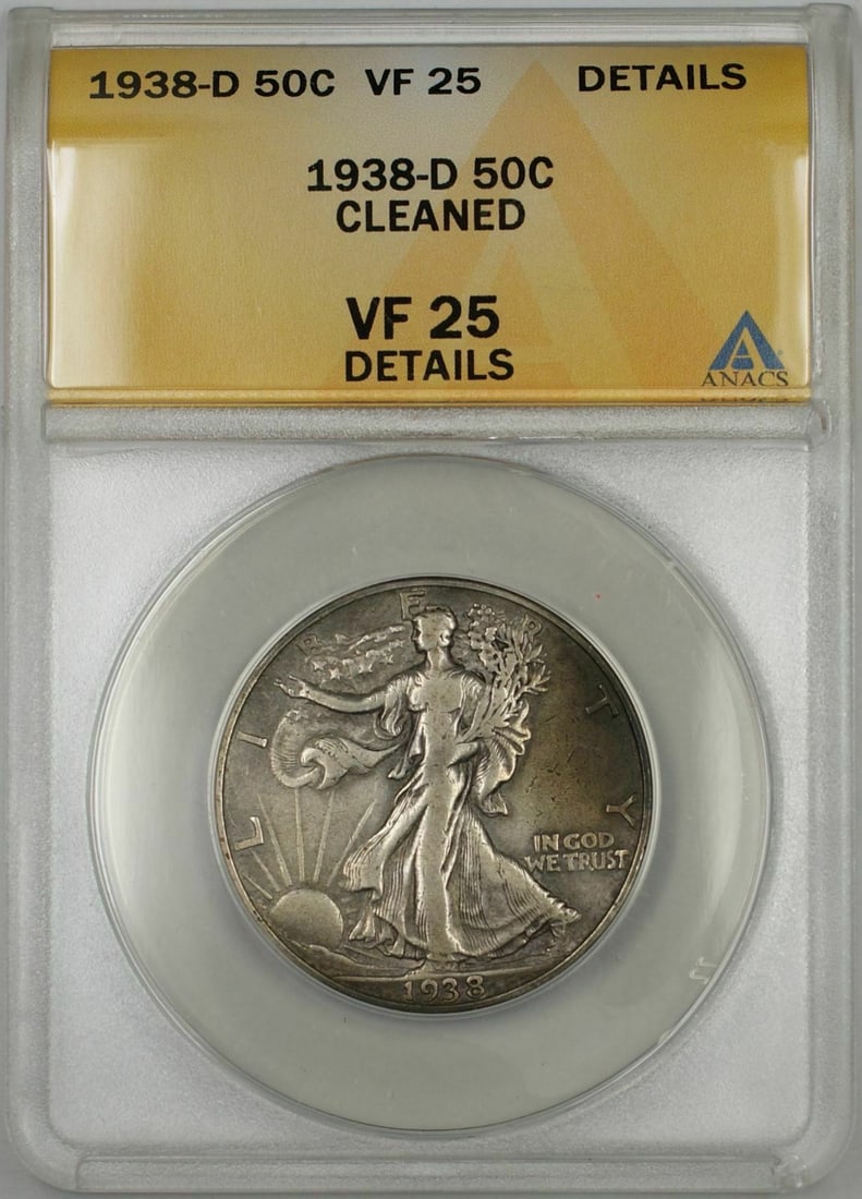 ANACS VF 25 1938-D Walking Liberty Silver Half Dollar Cleaned Details: ANACS VF 25 1938-D Walking Liberty Silver Half Dollar Cleaned Details This is a 1938-D Walking Liberty Half Dollar 50C coin from the United States, minted in Denver. The coin is composed of silver and
