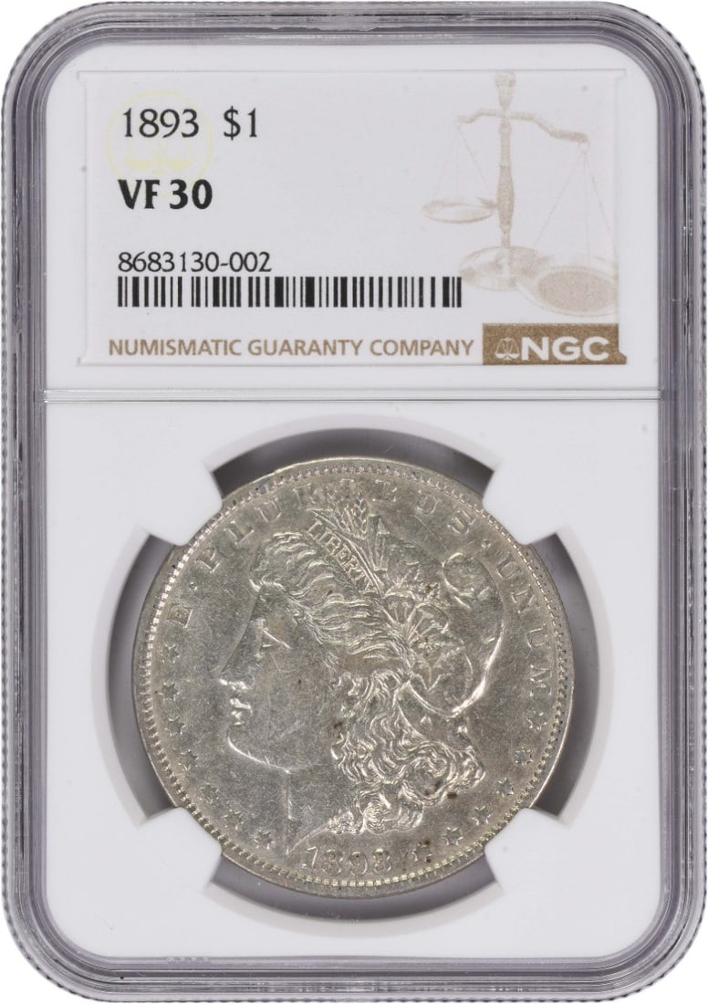 NGC Graded 1893 Morgan Dollar VF30 Philadelphia 90 Percent Silver: NGC Graded 1893 Morgan Dollar VF30 Philadelphia 90 Percent Silver This 1893 Morgan Silver Dollar was minted in Philadelphia and is graded VF30 by NGC. Composed of 90% silver and 10% copper, this circu
