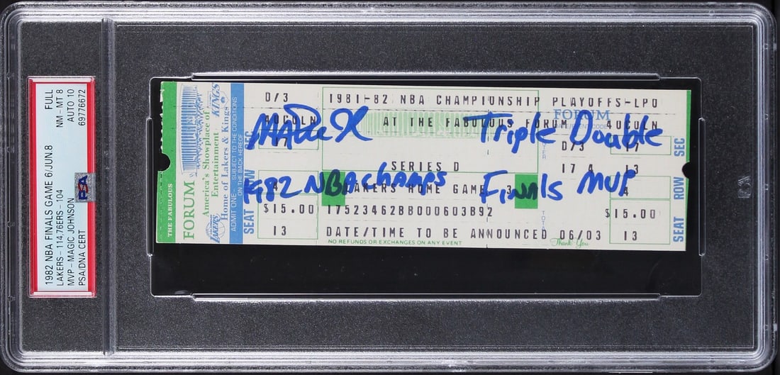 Magic Johnson Signed 1982 Finals Game 6 Ticket PSA Graded 8 Auto 10: Magic Johnson Signed 1982 Finals Game 6 Ticket PSA Graded 8 Auto 10 This is a full ticket from Game 6 of the 1982 NBA Finals, personally signed by Magic Johnson of the Los Angeles Lakers. The ticket f