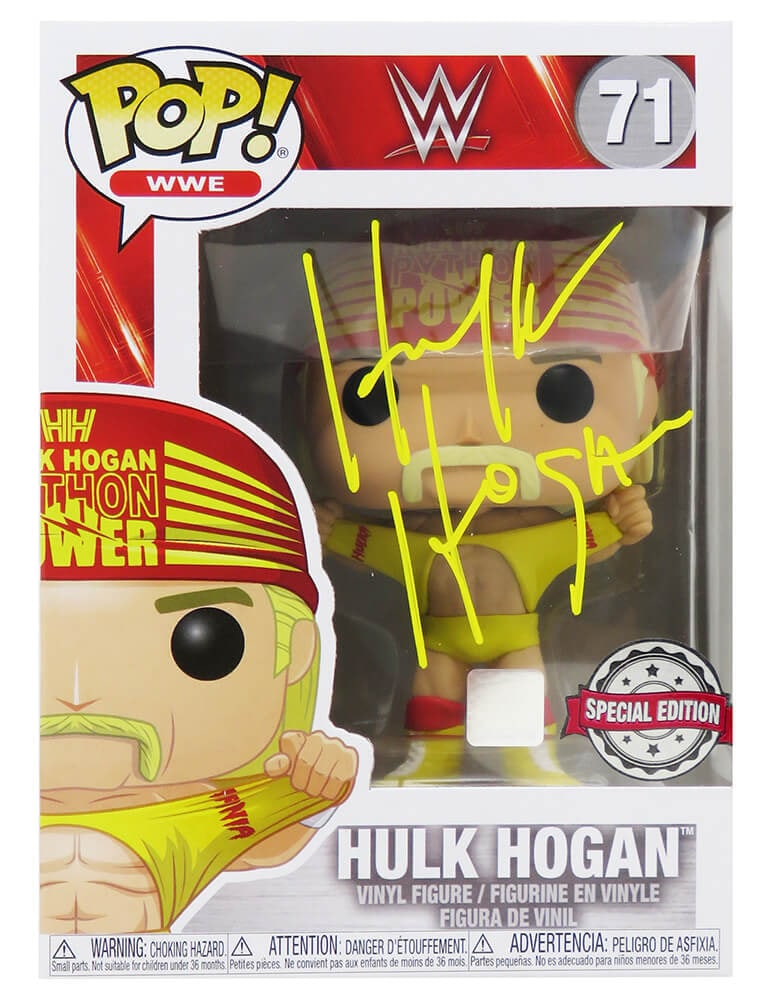 Hulk Hogan Signed WWE Funko Pop Doll #71 with COA: Hulk Hogan Signed WWE Funko Pop Doll #71 with COA This is a pre-owned Hulk Hogan signed WWE Wrestling Funko Pop Doll #71. The item features a tamper-proof numbered hologram and comes with a Certificat