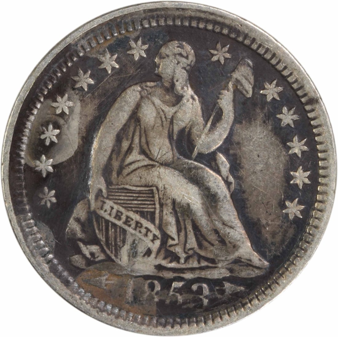 1853 Liberty Seated Half Dime 90% Silver Uncertified: 1853 Liberty Seated Half Dime 90% Silver Uncertified This 1853 Liberty Seated Silver Half Dime showcases a rich history and intricate design. With a grade of EF (Extremely Fine), this coin features th