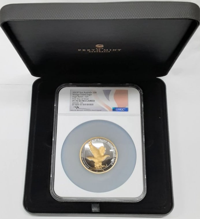NGC PF70 Ultra Cameo 2023 Wedge-Tailed Eagle 5oz Silver First Day Issue Coin: NGC PF70 Ultra Cameo 2023 Wedge-Tailed Eagle 5oz Silver First Day Issue Coin This 2023 Australia Wedge-Tailed Eagle silver coin has a face value of 8 dollars and is composed of 5 troy ounces of .9999