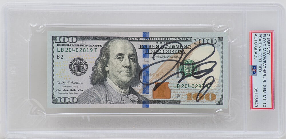 Floyd Mayweather Jr Signed $100 Bill PSA/DNA Gem Mint 10: Floyd Mayweather Jr Signed $100 Bill PSA/DNA Gem Mint 10 This is a remarkable collectible featuring a $100 bill signed by boxing legend Floyd Mayweather Jr. The autograph has received a Gem Mint 10 gr