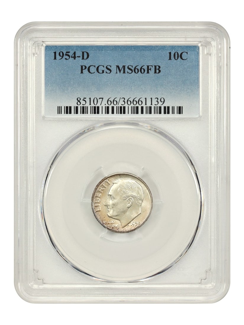 PCGS MS66FB 1954-D Roosevelt Ten Cent Coin Uncirculated: PCGS MS66FB 1954-D Roosevelt Ten Cent Coin Uncirculated This is a 1954-D Roosevelt Dime graded MS66FB by PCGS. The coin is uncirculated and features the Full Bands (FB) designation, indicating sharply