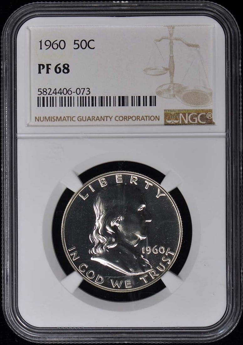 1960 Franklin Half Dollar NGC PR68 Uncirculated Proof Coin: 1960 Franklin Half Dollar NGC PR68 Uncirculated Proof Coin This 1960 Franklin Half Dollar is certified by NGC with a remarkable grade of PR68, indicating its uncirculated condition and proof strike. M