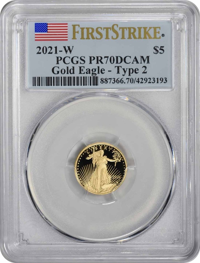Proof Gold Eagle 2021-W $5 Type 2 PCGS PR70DCAM First Strike Coin: Proof Gold Eagle 2021-W $5 Type 2 PCGS PR70DCAM First Strike Coin This 2021-W $5 American Proof Gold Eagle Type 2 coin is certified by PCGS as PR70DCAM First Strike. Minted at the West Point Mint, it