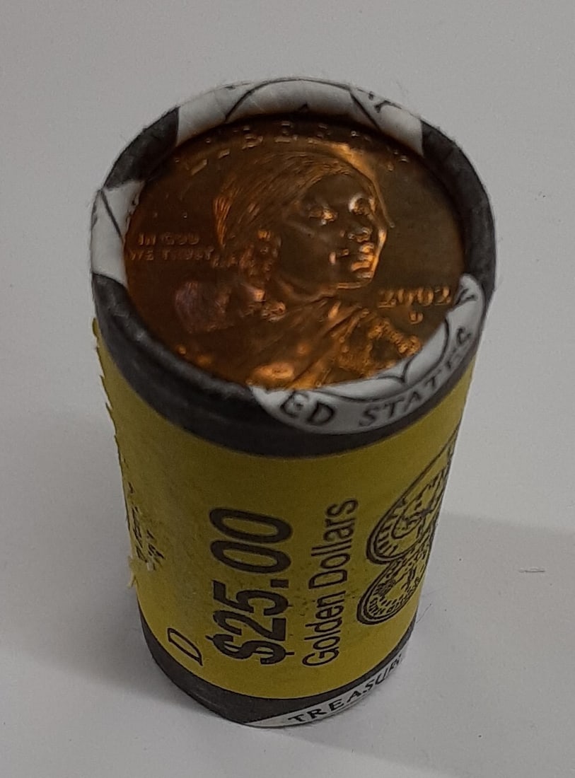 Roll of 25 2002-D Sacagawea Native American Uncirculated Dollar Coins: Roll of 25 2002-D Sacagawea Native American Uncirculated Dollar Coins This is a roll of 25 uncirculated 2002-D Sacagawea Native American $1 coins from the Denver Mint. The coins are in Brilliant Uncir