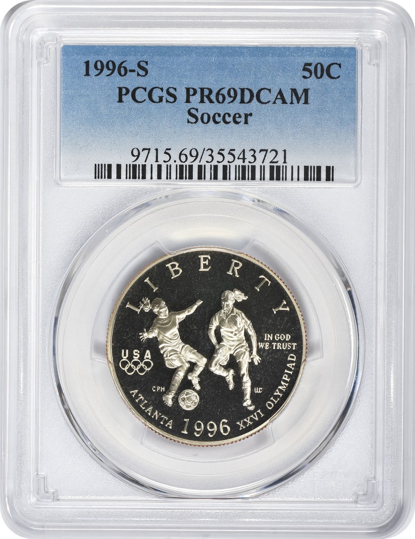 1996-S PCGS PR69DCAM Commemorative Soccer Half Dollar Proof Coin: 1996-S PCGS PR69DCAM Commemorative Soccer Half Dollar Proof Coin This 1996-S Soccer Commemorative Half Dollar is a proof coin graded PR69 Deep Cameo by PCGS. It is composed of clad material and was mi