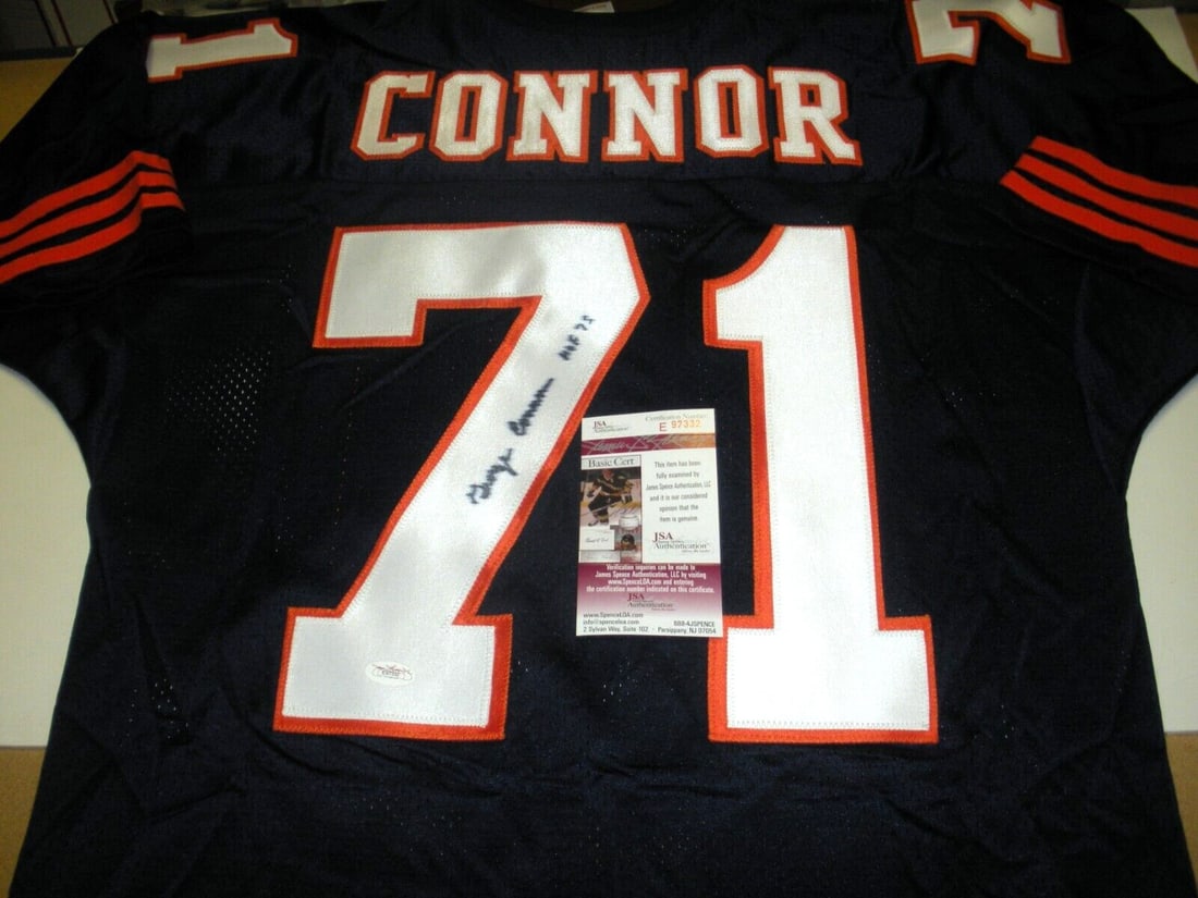 George Connor Chicago Bears Signed Jersey with JSA COA: George Connor Chicago Bears Signed Jersey with JSA COA This is an officially licensed Russell jersey, signed by George Connor, a Hall of Fame player for the Chicago Bears. The jersey is a collectible