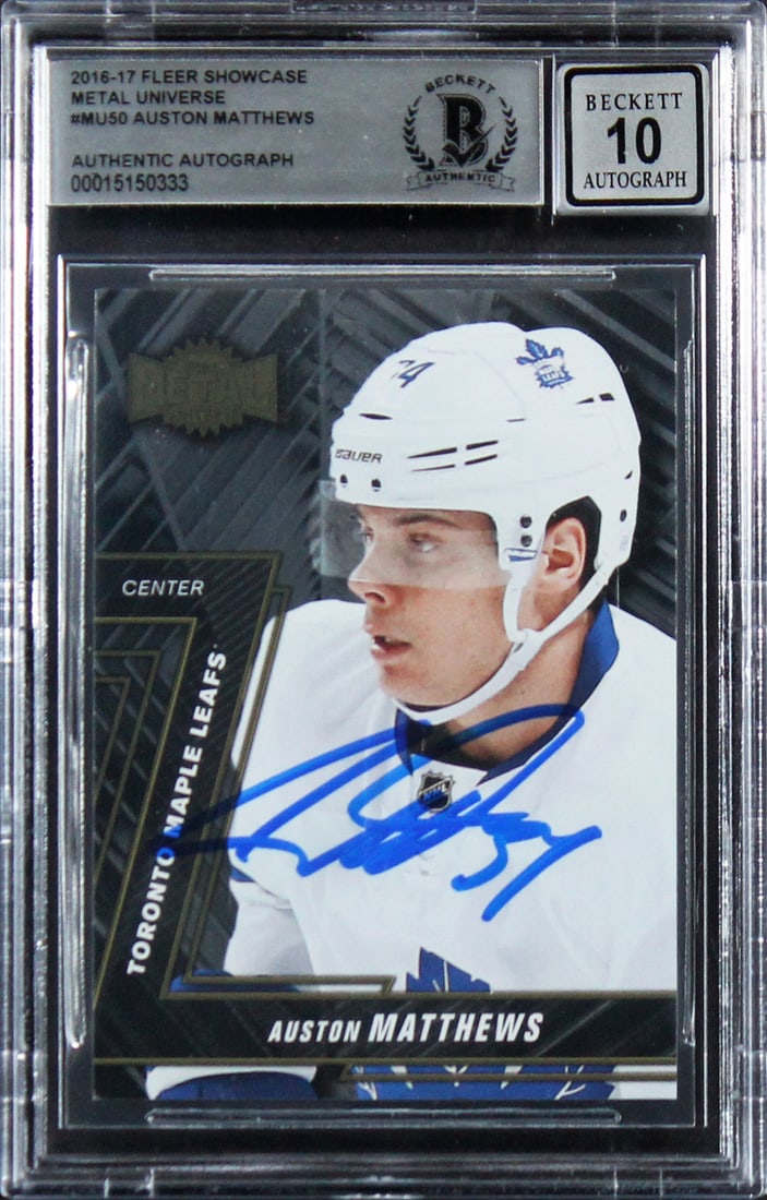Auston Matthews Signed 2016 Fleer Showcase Metal Universe #MU50 Card Gem Mint 10 Beckett: Auston Matthews Signed 2016 Fleer Showcase Metal Universe #MU50 Card Gem Mint 10 Beckett This is an authentic 2016 Fleer Showcase Metal Universe #MU50 trading card, graded Gem Mint 10, personally sign