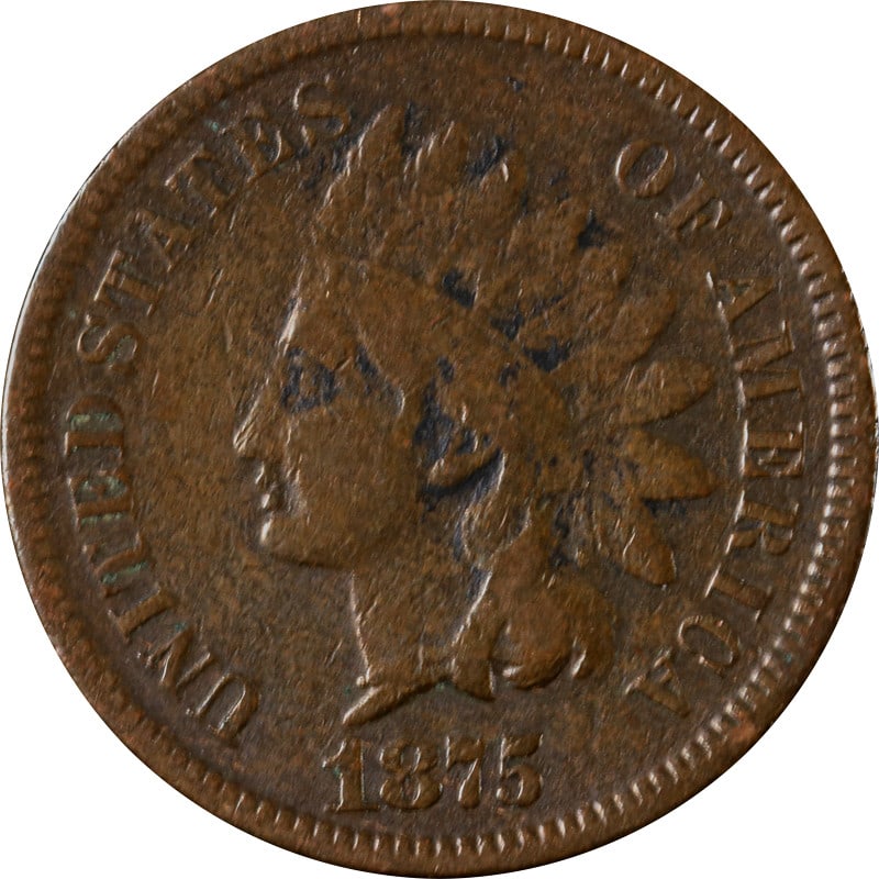 1875 Copper Indian Cent Circulated United States Coin: 1875 Copper Indian Cent Circulated United States Coin This is a circulated 1875 Indian Cent from the United States. The coin is composed of copper and is in pre-owned condition. It is uncertified. Spe