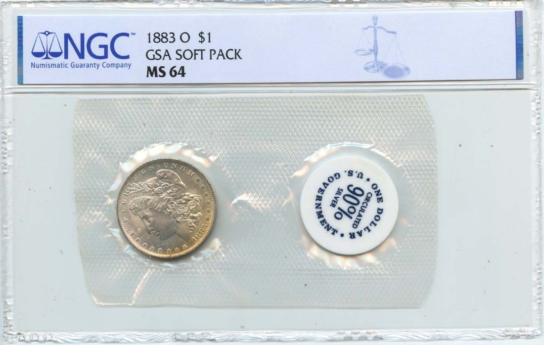 NGC MS64 1883-O Morgan Silver Dollar GSA Soft Pack: NGC MS64 1883-O Morgan Silver Dollar GSA Soft Pack This 1883-O Morgan Dollar is presented in a GSA soft pack and has been certified by NGC with a grade of MS64. Struck at the New Orleans Mint, this un