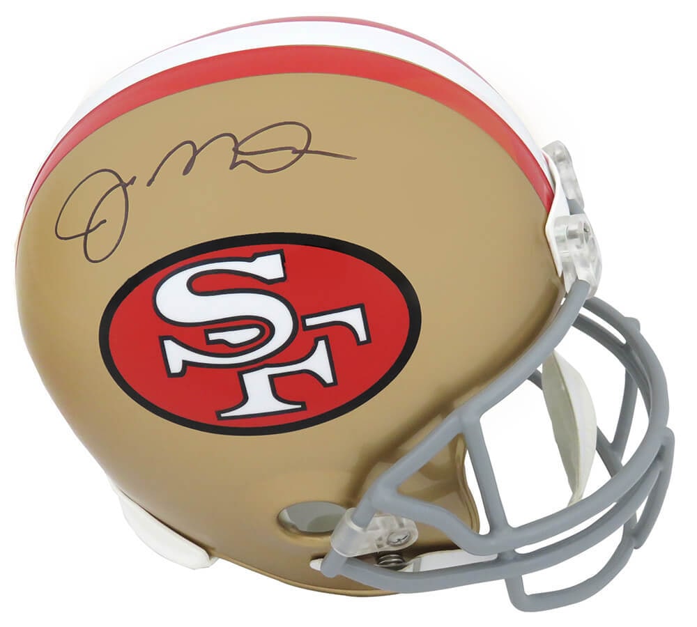 Joe Montana Signed 49ers Riddell Full-Size Helmet with COA: Joe Montana Signed 49ers Riddell Full-Size Helmet with COA This is a signed full-size replica helmet featuring Joe Montana, the legendary quarterback of the San Francisco 49ers. The helmet is a throwb
