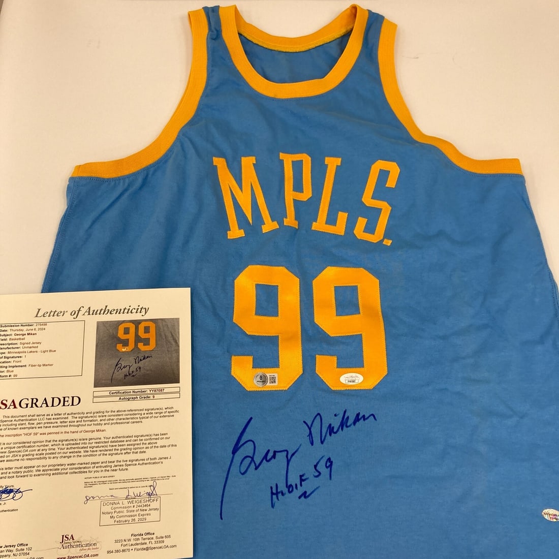 George Mikan Signed Minneapolis Lakers Jersey HOF 1959 JSA Graded Mint 9: George Mikan Signed Minneapolis Lakers Jersey HOF 1959 JSA Graded Mint 9 This is an original Minneapolis Lakers jersey, #99, signed by the legendary Hall of Famer George Mikan. Mikan, a pivotal player