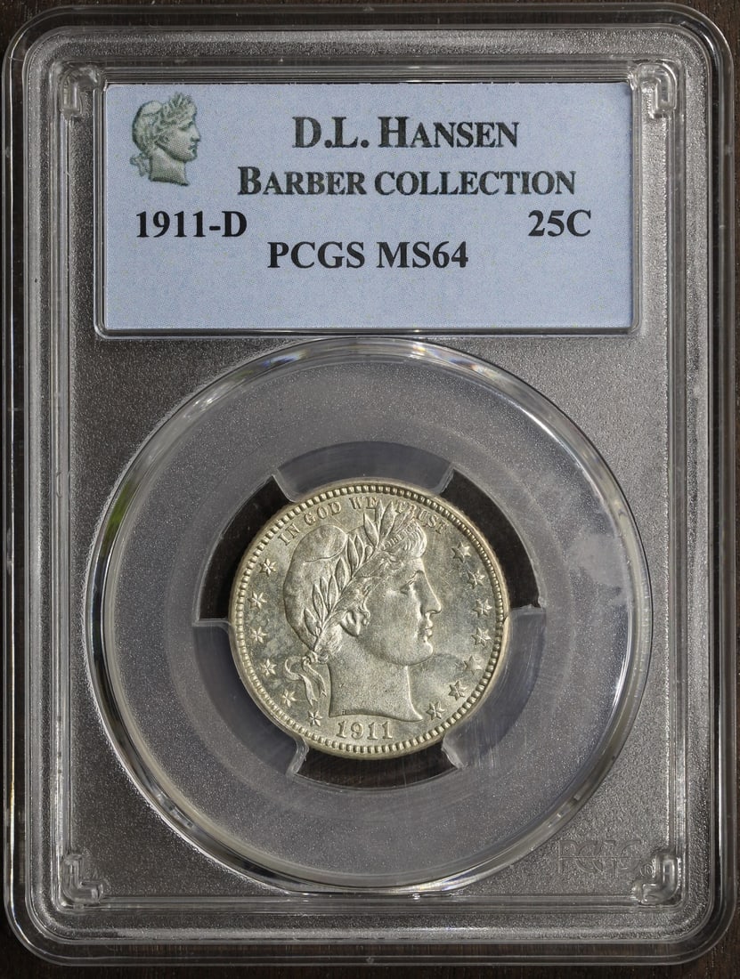 MS64 Graded 1911 Denver Barber Quarter PCGS Silver DL Hansen: MS64 Graded 1911 Denver Barber Quarter PCGS Silver DL Hansen This 1911-D Barber Quarter is a silver coin from the United States, graded MS 64 by PCGS. It is from the Denver Mint and is part of the DL