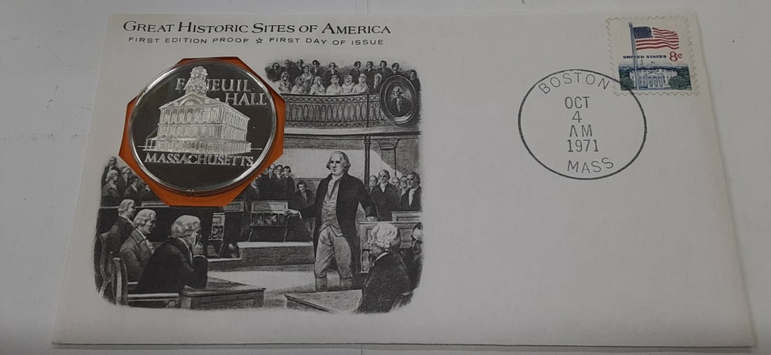 Faneuil Hall Massachusetts 1971 Sterling Silver Proof Medal in First Day Cover: Faneuil Hall Massachusetts 1971 Sterling Silver Proof Medal in First Day Cover This collectible set features a 1971 Faneuil Hall, Massachusetts Great Historic Sites proof medal crafted in 0.925 sterli