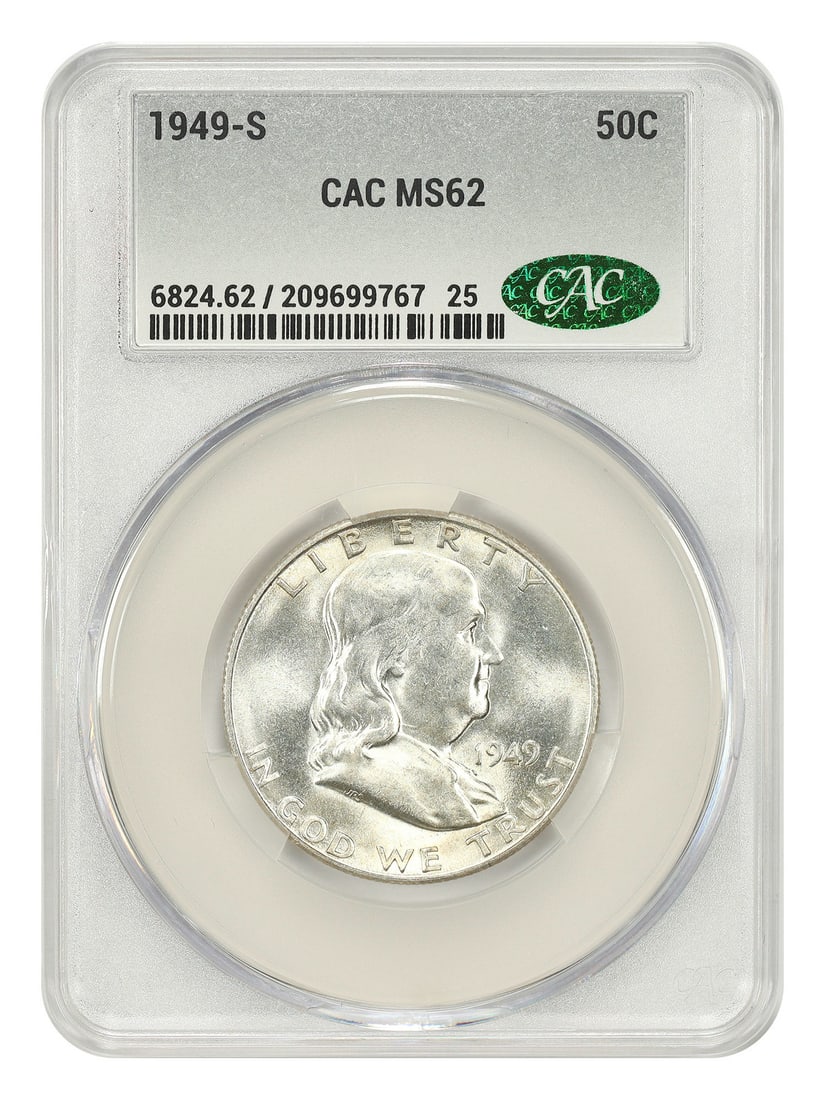 1949-S Franklin Half Dollar CACG MS62 San Francisco Key Date Coin: 1949-S Franklin Half Dollar CACG MS62 San Francisco Key Date Coin This 1949-S Franklin Half Dollar is certified by CACG with a grade of MS62. Struck at the San Francisco Mint, it is a popular key date