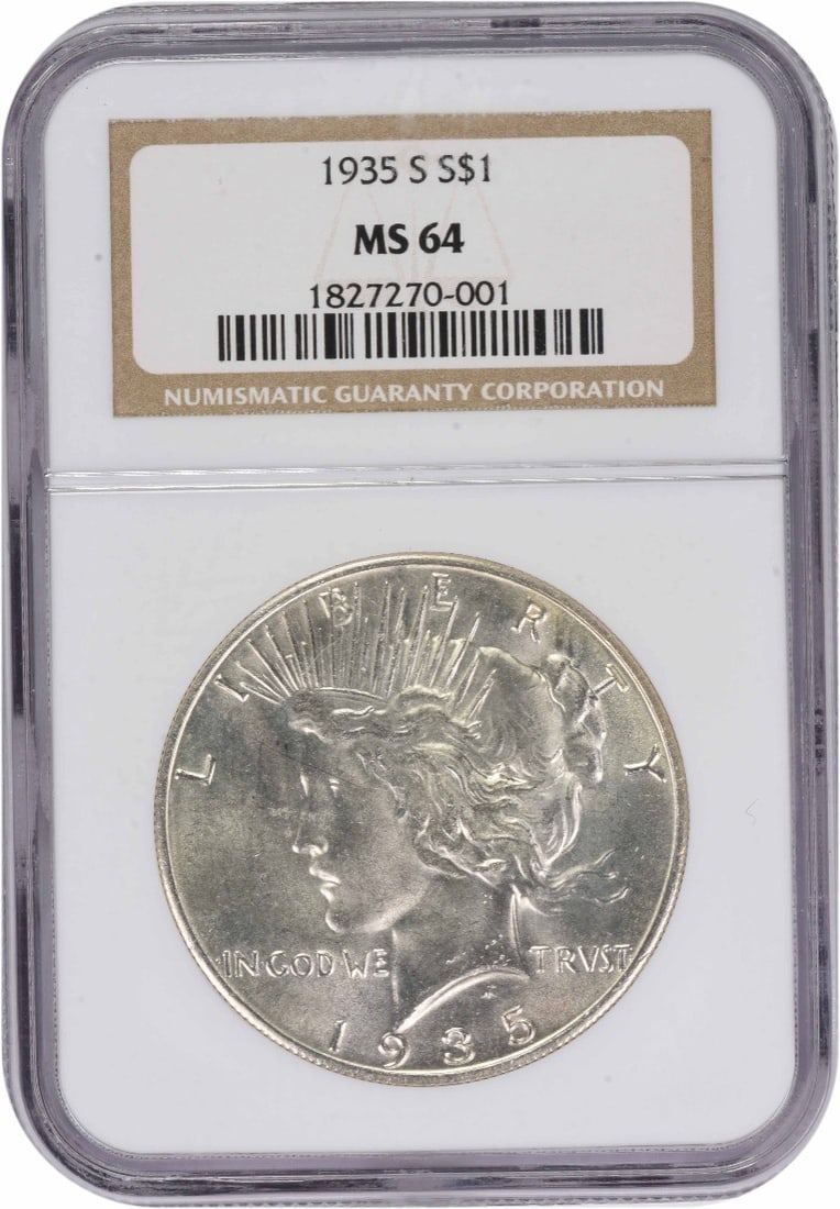 NGC MS64 1935-S United States Peace Silver Dollar Coin: NGC MS64 1935-S United States Peace Silver Dollar Coin This 1935-S Peace Silver Dollar is certified by NGC with an MS64 grade, indicating an uncirculated and well-preserved condition. Composed of silv