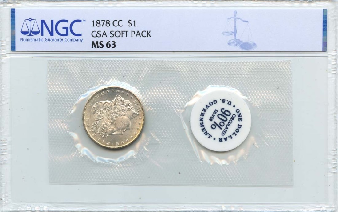 NGC MS63 1878 Carson City Morgan Silver Dollar GSA Soft Pack: NGC MS63 1878 Carson City Morgan Silver Dollar GSA Soft Pack This is an 1878-CC Morgan Dollar presented in a GSA soft pack. Certified by NGC with a grade of MS63, this uncirculated silver dollar origi