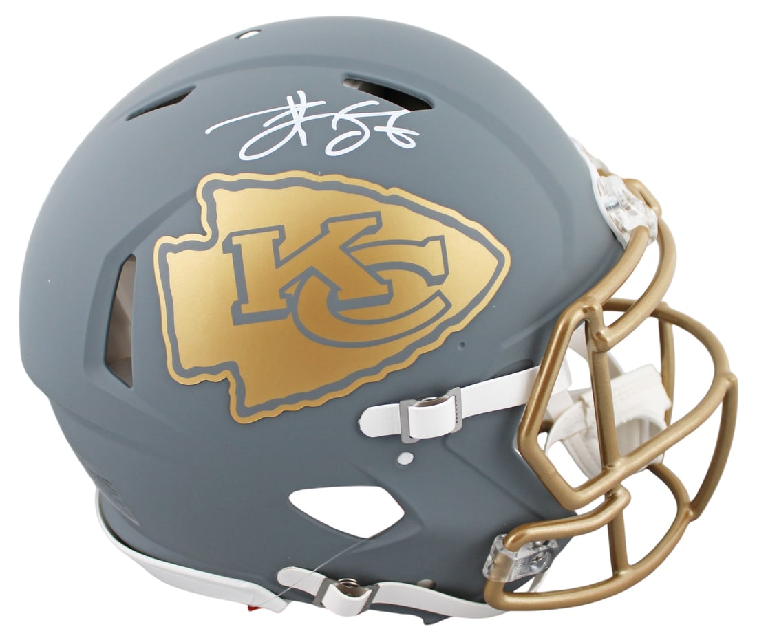 Travis Kelce Autographed Kansas City Chiefs Slate Helmet BAS Witnessed: Travis Kelce Autographed Kansas City Chiefs Slate Helmet BAS Witnessed This autographed full-size Speed Proline helmet features the signature of Travis Kelce, star player of the Kansas City Chiefs. Th