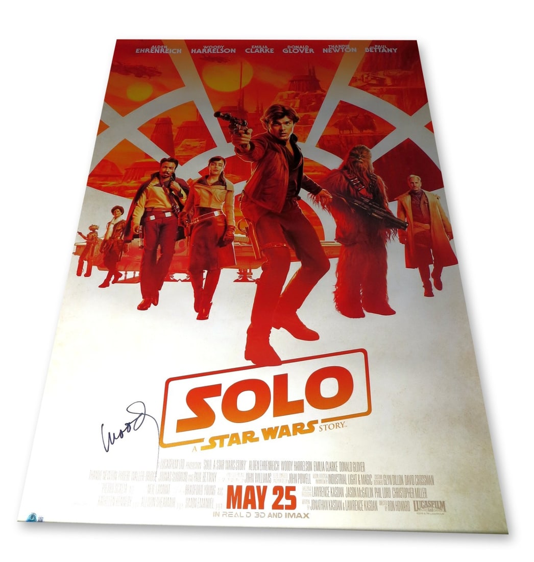 Woody Harrelson Signed 27x40 Movie Poster Solo Star Wars Beckett Authenticated: Woody Harrelson Signed 27x40 Movie Poster Solo Star Wars Beckett Authenticated This original 27" x 40" movie poster features a stunning autographed signature from Woody Harrelson, known for his iconic