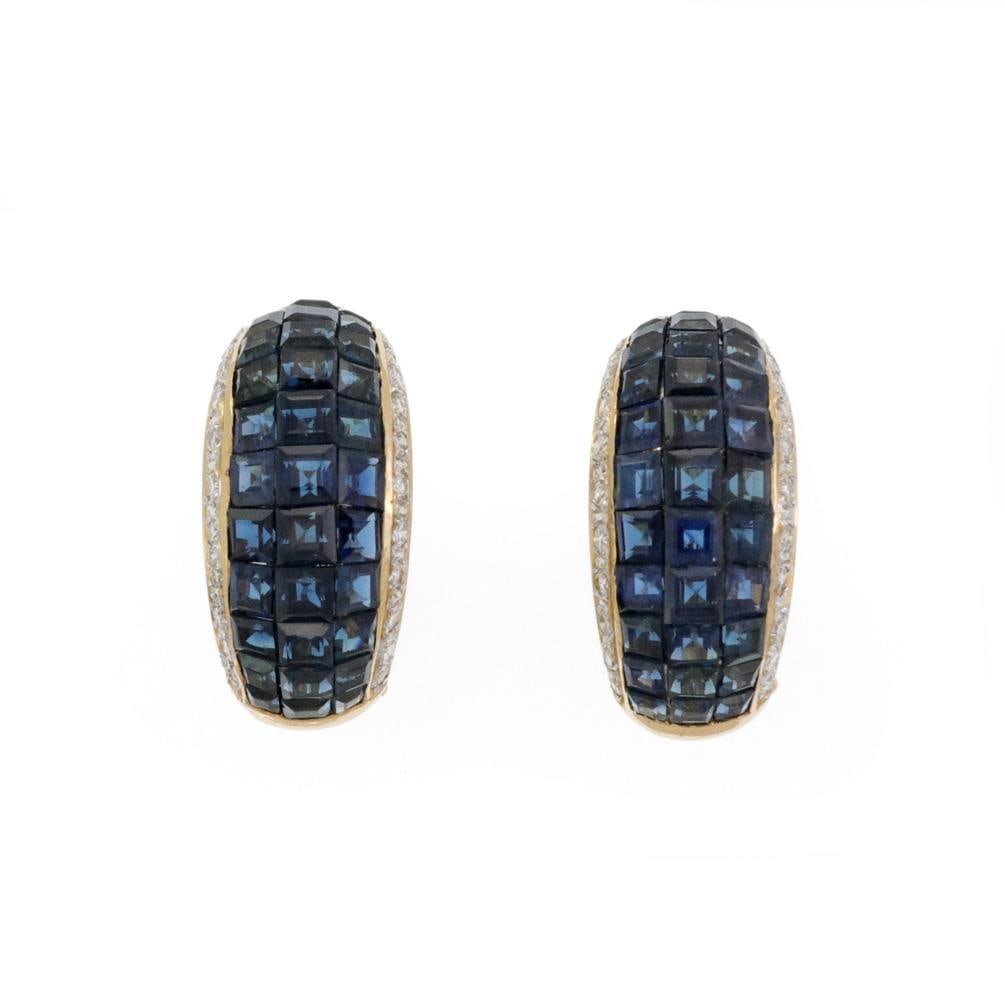 Elegant 18k Yellow Gold 7.6ct Diamond Sapphire Dome Huggie Earrings: Elegant 18k Yellow Gold 7.6ct Diamond Sapphire Dome Huggie Earrings This stunning pair of dome huggie earrings is crafted from luxurious 18k yellow gold, featuring a gracefully curved shape that adds