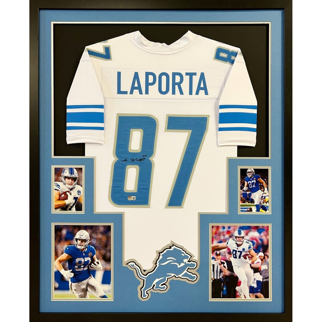 Sam LaPorta Signed Framed Jersey Detroit Lions Beckett Authenticated 42x34: Sam LaPorta Signed Framed Jersey Detroit Lions Beckett Authenticated 42x34 This is an autographed framed jersey of Sam LaPorta, showcasing his signature and the iconic Detroit Lions logo. The jersey i