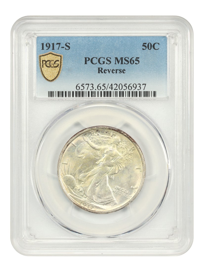 PCGS MS65 1917-S San Francisco Walking Liberty Half Dollar Reverse: PCGS MS65 1917-S San Francisco Walking Liberty Half Dollar Reverse This is a 1917-S Walking Liberty Half Dollar graded MS65 by PCGS. Struck at the San Francisco Mint, this uncirculated coin features a