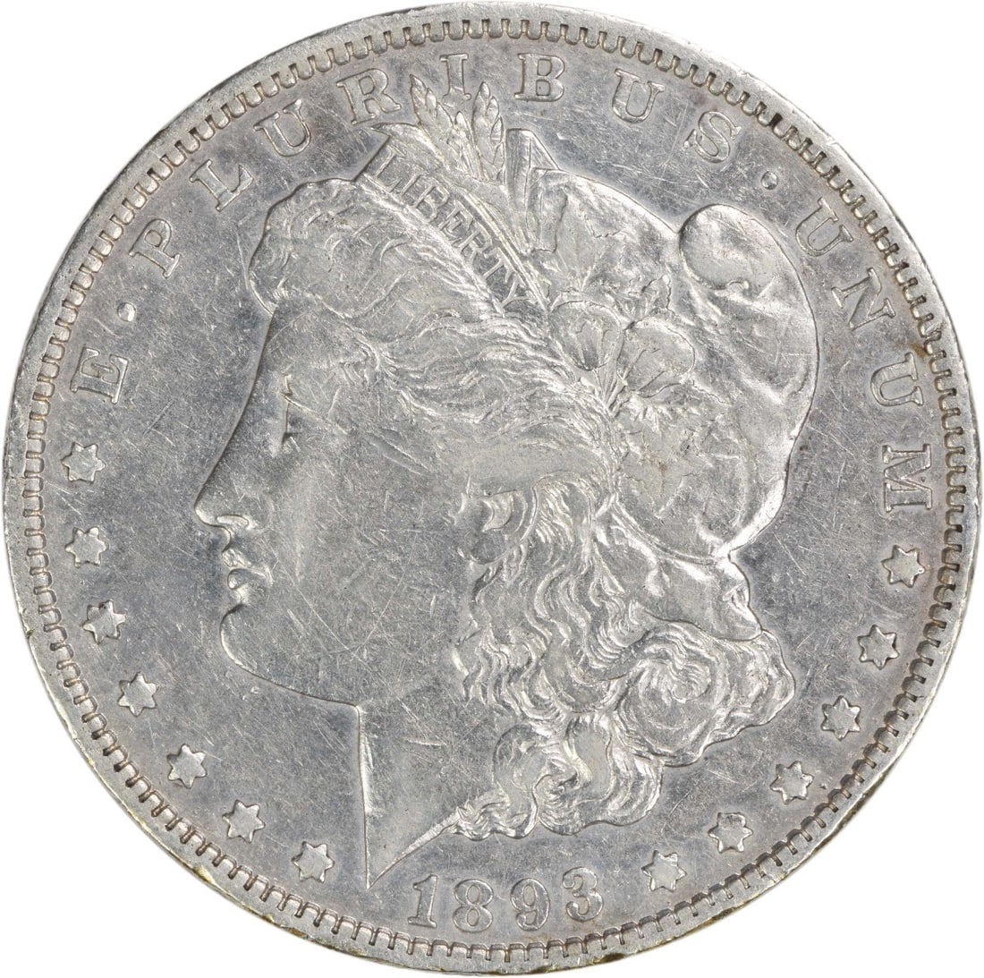 VF Grade 1893 New Orleans Morgan Dollar Uncertified Silver Coin: VF Grade 1893 New Orleans Morgan Dollar Uncertified Silver Coin This 1893-O Morgan Silver Dollar is a circulated coin minted in New Orleans. Composed of 90% silver and 10% copper, it features the clas