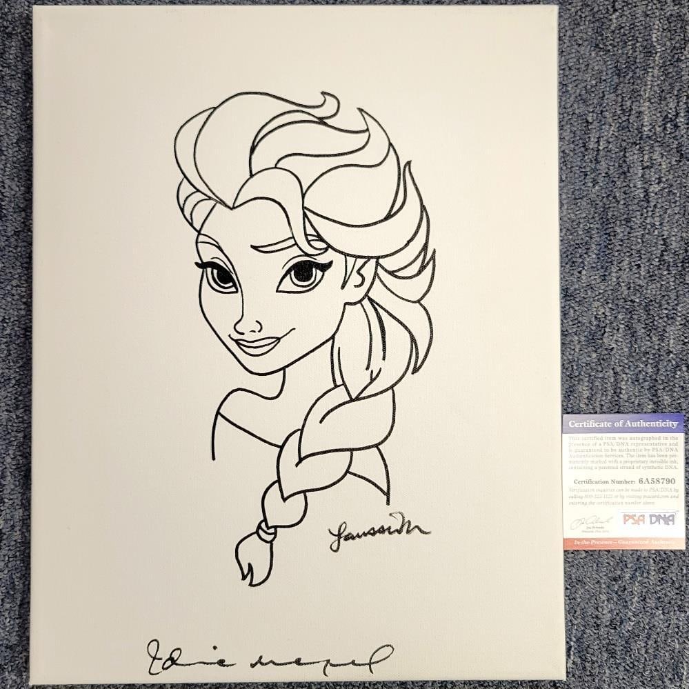 Idina Menzel Signed Frozen Elsa Canvas Sketch 11x14 Beckett Authenticated: Idina Menzel Signed Frozen Elsa Canvas Sketch 11x14 Beckett Authenticated This is an original 11x14 canvas sketch of Elsa from the movie Frozen, hand-signed by Idina Menzel. The autograph has been aut