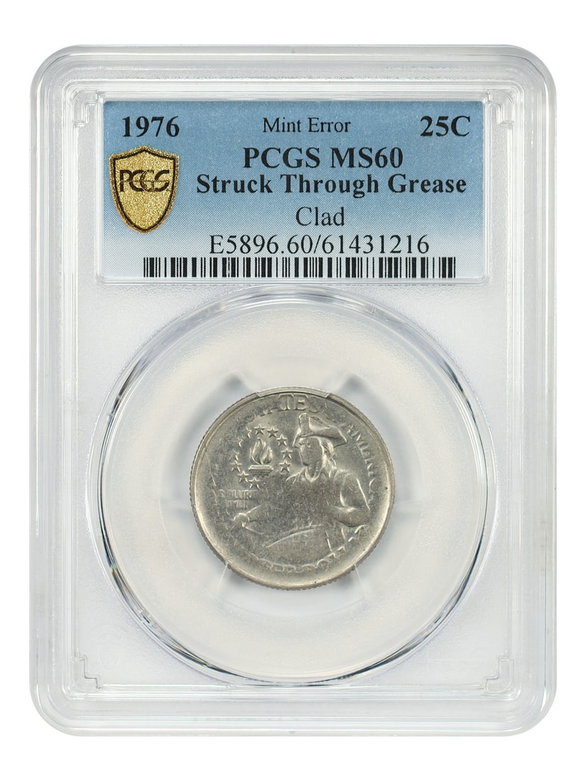 1976 Washington Quarter PCGS MS60 Struck Through Grease Mint Error: 1976 Washington Quarter PCGS MS60 Struck Through Grease Mint Error This 1976 Washington Quarter features a mint error known as 'Struck Thru Grease.' Graded MS60 by PCGS, the coin is uncirculated and o