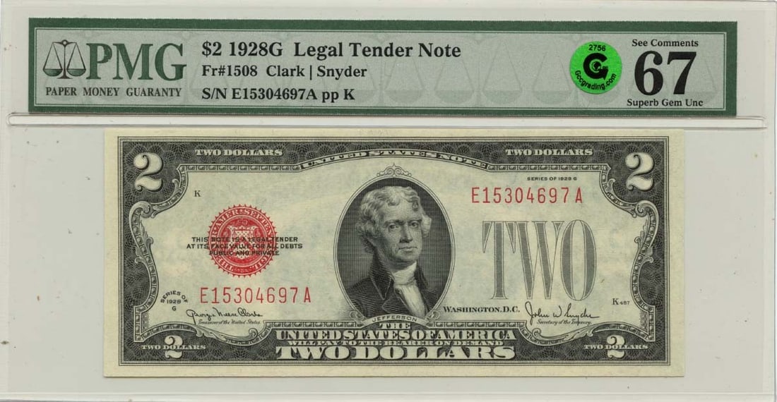 PMG Superb GEM 67 EPQ 1928G $2 US Legal Tender Note FR1508: PMG Superb GEM 67 EPQ 1928G $2 US Legal Tender Note FR1508 This is a 1928 $2 Legal Tender Note from the United States, certified by PMG with a grade of MS67, indicating it is in superb uncirculated co