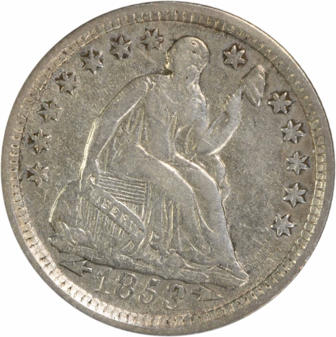 1853 Liberty Seated Half Dime 90% Silver Uncertified EF: 1853 Liberty Seated Half Dime 90% Silver Uncertified EF This 1853 Liberty Seated Silver Half Dime showcases a beautiful design by Christian Gobrecht, representing a significant piece of American numis