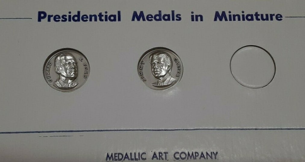 Set of Ford and Carter .925 Silver Presidential Medals by Medallic Art Co: Set of Ford and Carter .925 Silver Presidential Medals by Medallic Art Co This set features two high relief miniature presidential medals commemorating Presidents Ford and Carter. Produced by the Meda