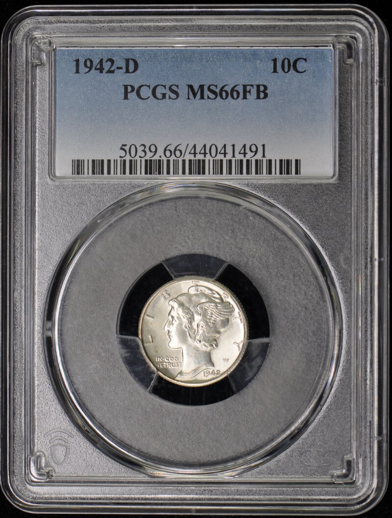 1942-D Mercury Dime PCGS MS66FB Uncirculated Denver Coin: 1942-D Mercury Dime PCGS MS66FB Uncirculated Denver Coin This 1942-D Mercury Dime is certified by PCGS with a remarkable grade of MS66FB, indicating it's in uncirculated condition. Struck at the Denve