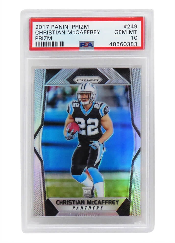 Christian McCaffrey 2017 Panini Prizm RC #249 PSA 10 Gem Mint Football Card: Christian McCaffrey 2017 Panini Prizm RC #249 PSA 10 Gem Mint Football Card This is a 2017 Panini Prizm #249 rookie card featuring Christian McCaffrey, a standout player for the Carolina Panthers. Enc
