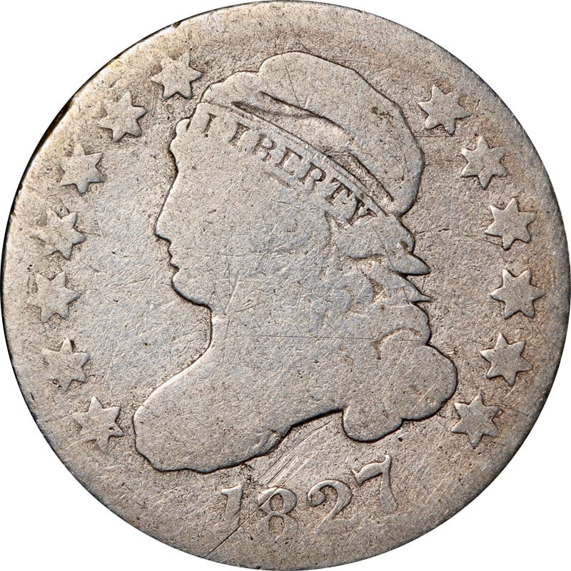 1827 Bust Dime Silver Coin Circulated UNCERTIFIED: 1827 Bust Dime Silver Coin Circulated UNCERTIFIED This 1827 Bust Dime is a remarkable piece of numismatic history. Crafted from silver with a fineness of 0.9, this coin showcases the classic bust desi