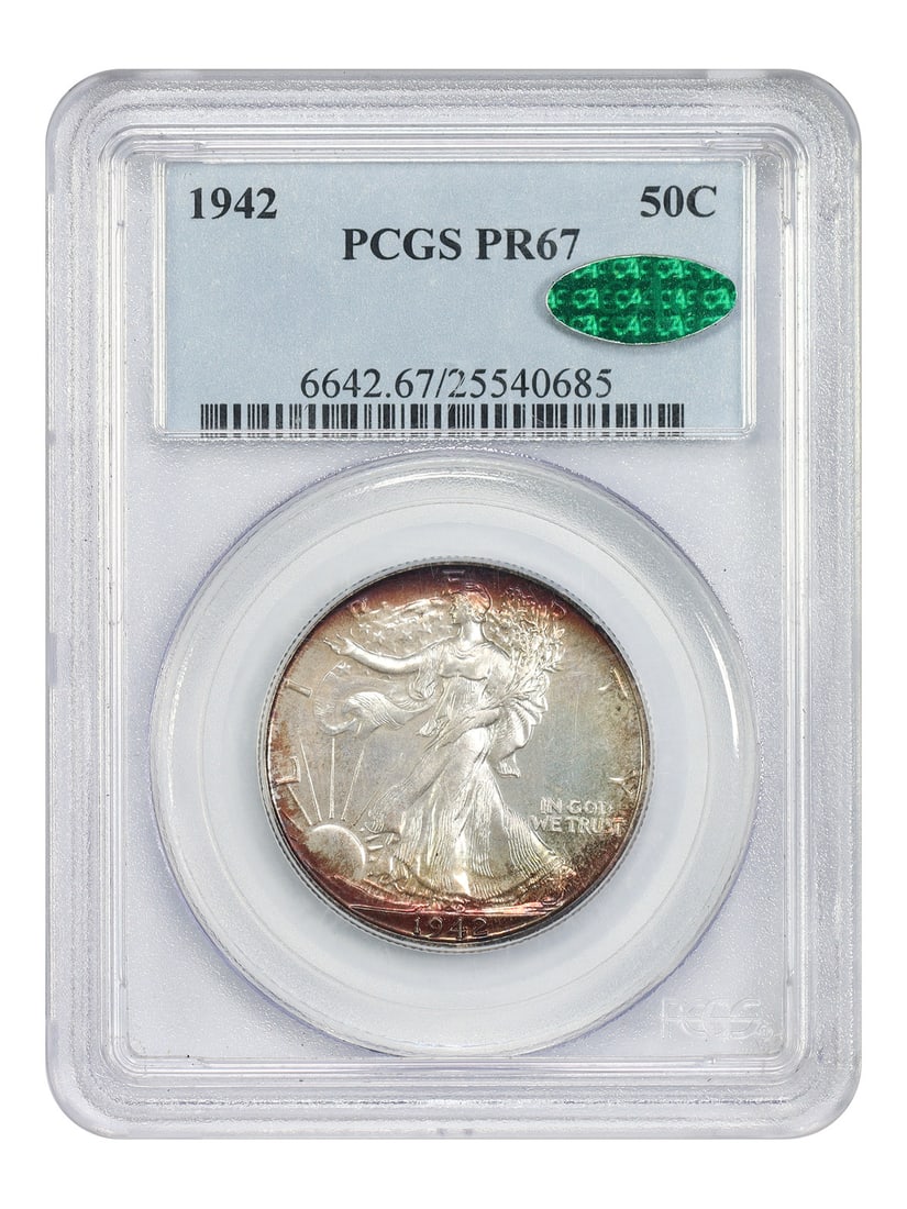 1942 Walking Liberty Half Proof 50C PCGS CAC PR67 Rainbow Toned: 1942 Walking Liberty Half Proof 50C PCGS CAC PR67 Rainbow Toned This 1942 Walking Liberty Half Dollar is graded PR67 by PCGS and features CAC approval. The coin displays vibrant original rainbow tonin