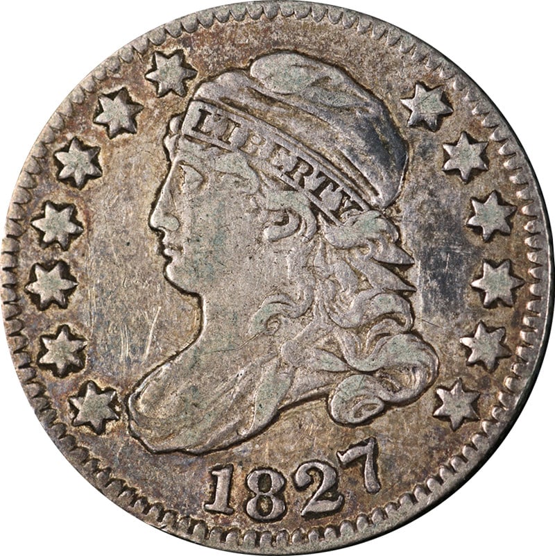 1827 Silver Bust Dime Pointed Top 1 Design Choice XF Grade: 1827 Silver Bust Dime Pointed Top 1 Design Choice XF Grade This stunning 1827 Bust Dime features the 'Pointed Top 1 in 10c' design and is graded as Choice XF, showcasing exceptional eye appeal and vib
