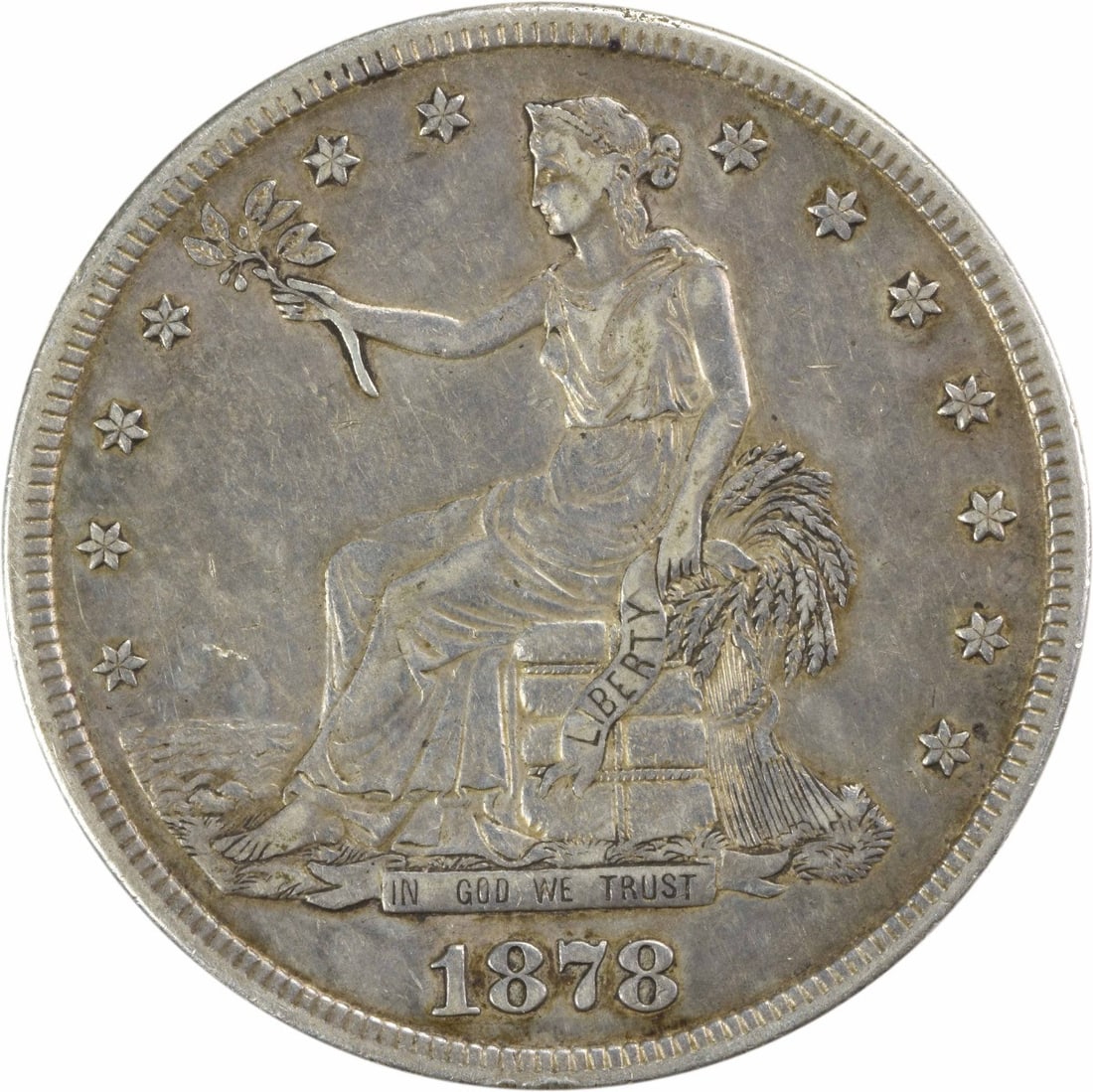 1878-S Trade Silver Dollar $1 William Barber Design Uncertified: 1878-S Trade Silver Dollar $1 William Barber Design Uncertified This 1878-S Trade Silver Dollar is an exceptional piece from the San Francisco mint, featuring a classic design by William Barber. It is