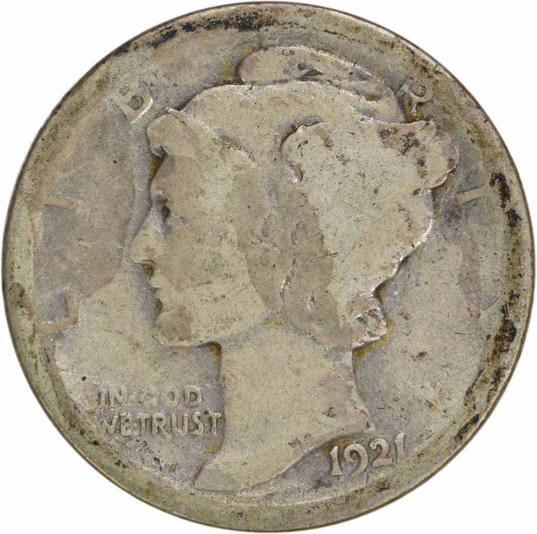 1921 Mercury Dime 10C Silver Uncertified Coin: 1921 Mercury Dime 10C Silver Uncertified Coin This 1921 Mercury Silver Dime is a classic piece of American numismatics, featuring the iconic design by Adolph Alexander Weinman. Struck at the Philadelp