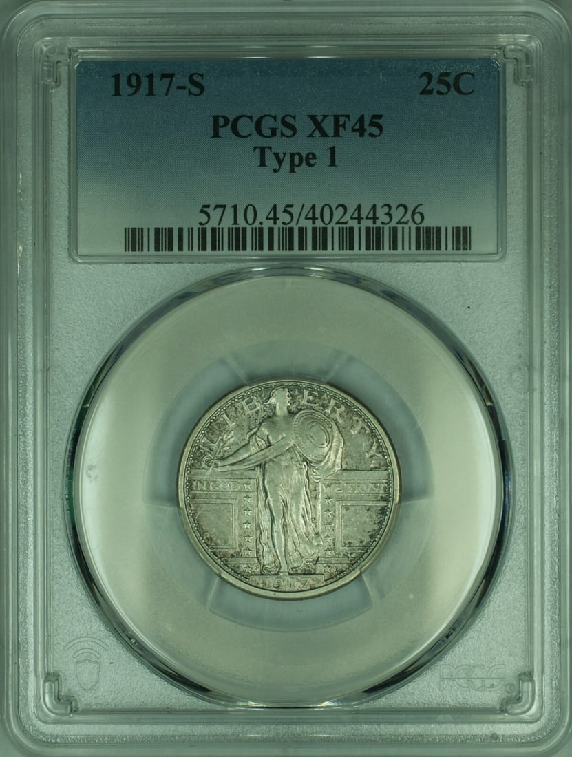 PCGS XF-45 1917-S Type 1 Standing Liberty Silver Quarter: PCGS XF-45 1917-S Type 1 Standing Liberty Silver Quarter This is a 1917-S Standing Liberty Silver Quarter, Type 1, graded XF-45 by PCGS. Minted in San Francisco, this circulated coin is composed of si