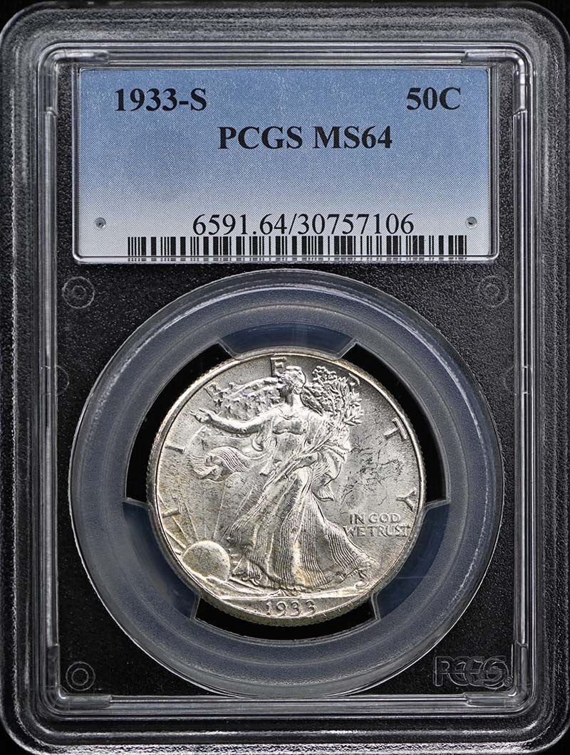 1933-S Walking Liberty Half Dollar PCGS MS64 Uncirculated: 1933-S Walking Liberty Half Dollar PCGS MS64 Uncirculated This 1933-S Walking Liberty Half Dollar, certified by PCGS with a grade of MS64, showcases its stunning uncirculated condition. Minted in San