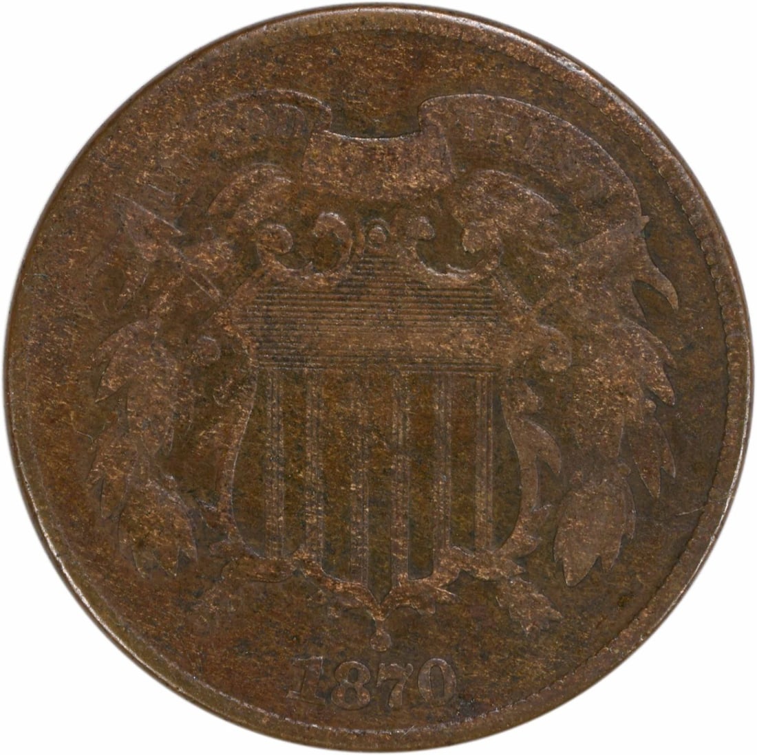 1870 Philadelphia Two Cent Piece Bronze Coin F: 1870 Philadelphia Two Cent Piece Bronze Coin F This 1870 Two Cent Piece is a notable addition for collectors of American numismatics. Struck at the Philadelphia mint, this coin is made of bronze and f